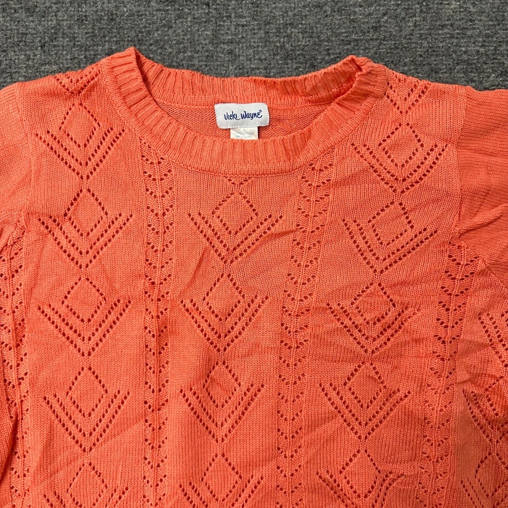 Vicki Wayne Sweater Womens 1X Orange Pointelle Knit Short Sleeve Crewneck Top